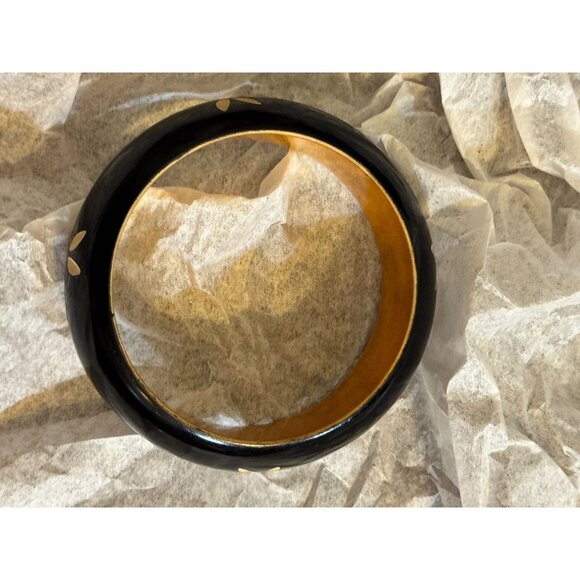 Vintage Black & Yellow Wooden Bangle Bracelet With White Floral Inlay Design 2.5 - Picture 5 of 7